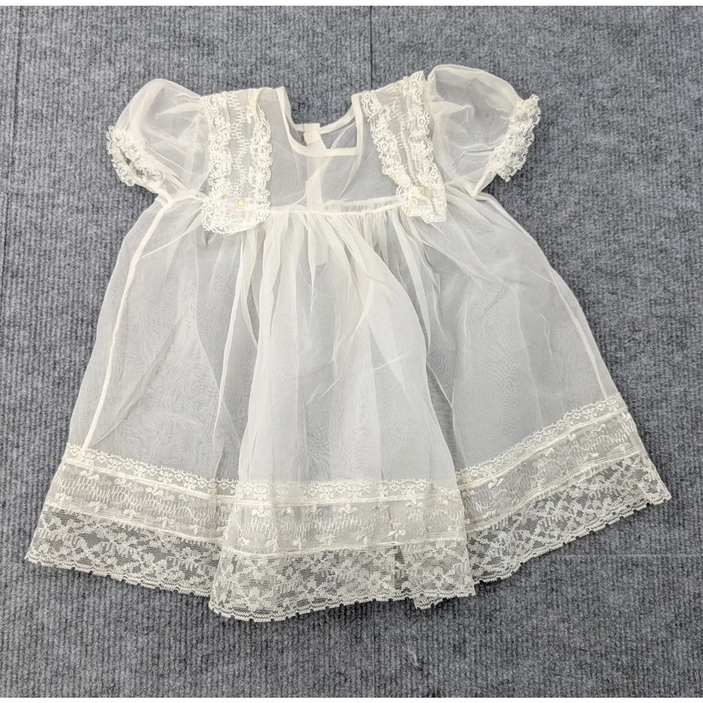 Vintage Baby Chiffon Dress Girls 0-6M Peasant Prairie Victorian Baptism Lace